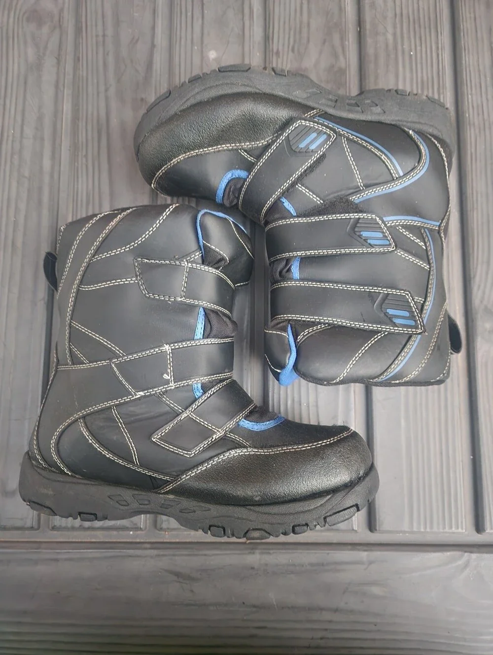 Kids Black and Blue Insulated Winter Boots with Double Velcro